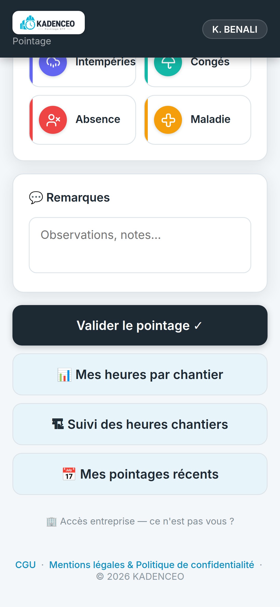 Options d'un pointage (panier, intempéries, zone) dans l'application KADENCEO