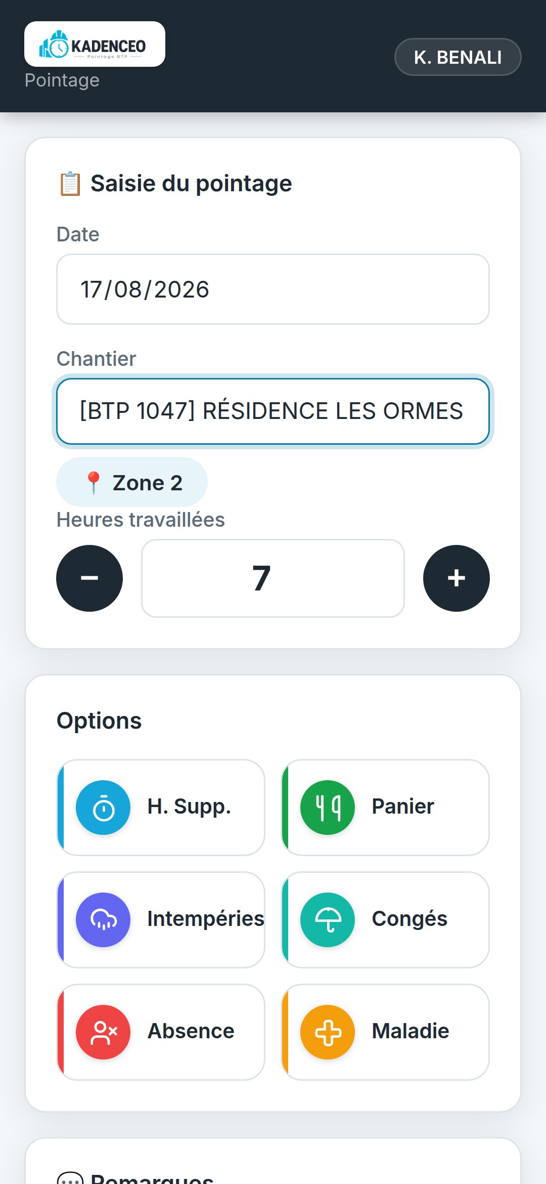 Écran de saisie d'un pointage dans l'application KADENCEO